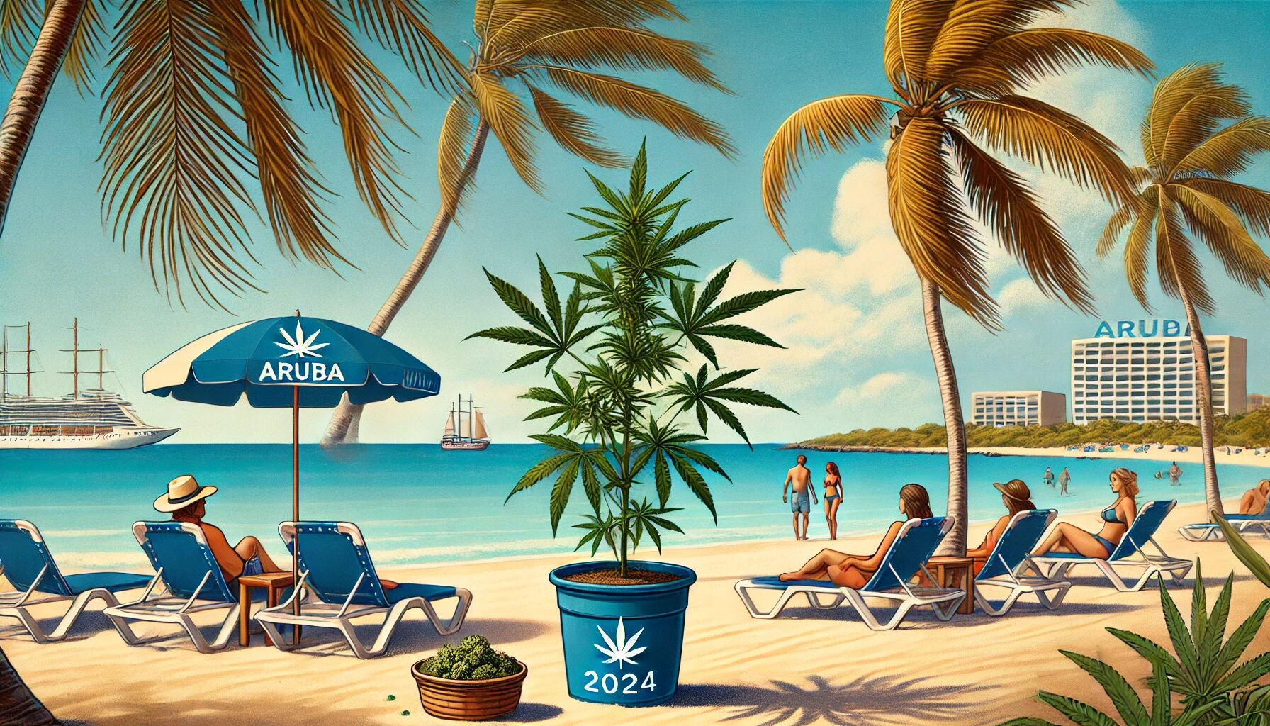 An-illustration-capturing-the-essence-of-Arubas-cannabis-landscape-in-2024.-The-image-should-feature-a-tropical-beach-scene-with-clear-blue-waters