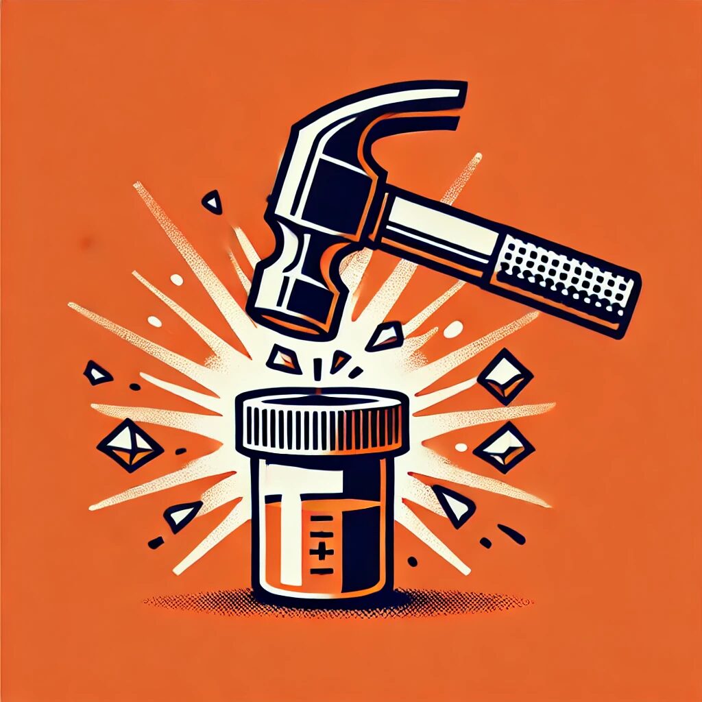 A-graphic-with-an-orange-background-featuring-a-hammer-making-direct-contact-with-a-small-container-typically-used-for-drug-testing-samples-such-as-a.webp