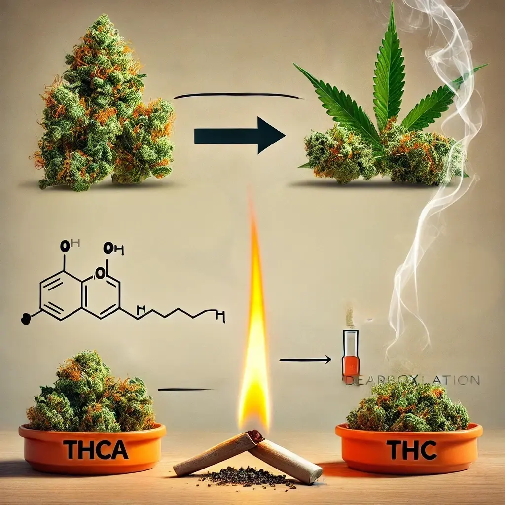 A_scientifically_accurate_visual_representation_showing_the_chemical_transformation_of_THCA_into_THC_when_exposed_to_heat._On_the_left_side,_depict_ra