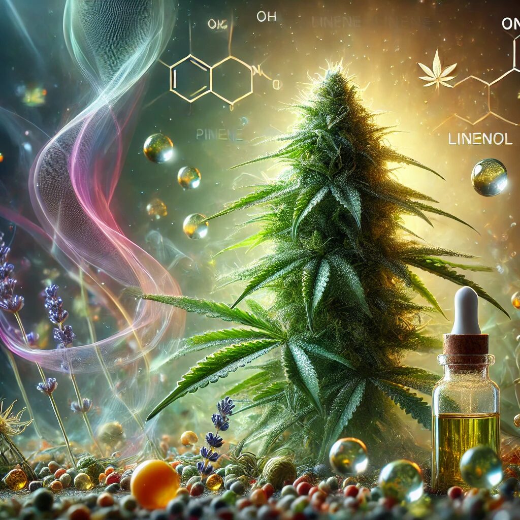 A realistic and slightly artistic depiction of cannabis terpenes. Show a close-up of a cannabis plant with droplets of essential oil emerging from the