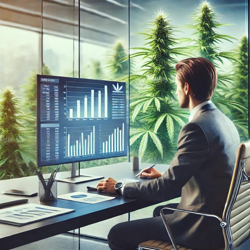 A financial professional analyzing charts on a computer in a modern office with cannabis plants visible through a glass wall, representing the intersection of banking and the cannabis industry.