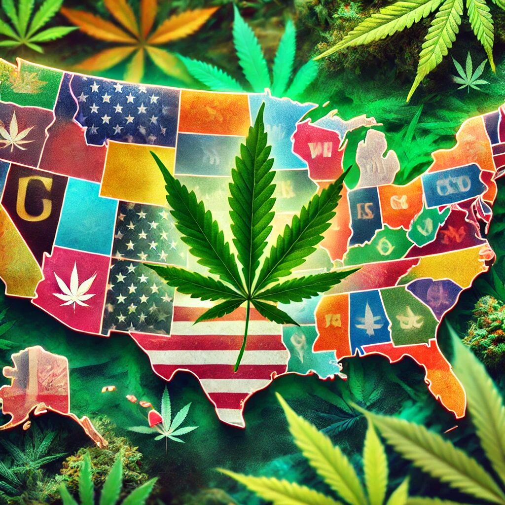 Abstract U.S. map with cannabis leaves representing a patchwork of marijuana legislation, with states shown in various colors to symbolize different legalization statuses.