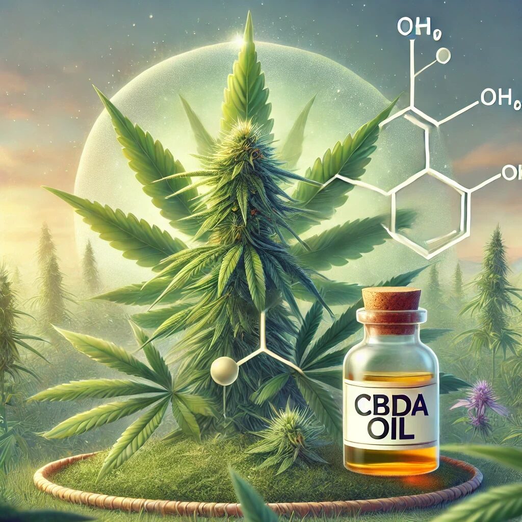 A vibrant illustration of a raw cannabis plant with large green leaves and flowers, set against a natural landscape with soft lighting. A subtle bottle of hemp oil is placed in the foreground, symbolizing the potential wellness benefits of CBDA.