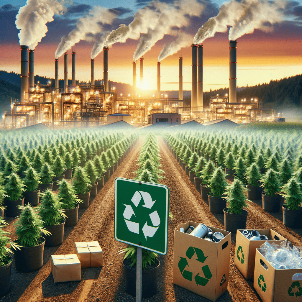 A factory in the background with cannabis plants in the foreground and a recycling sign